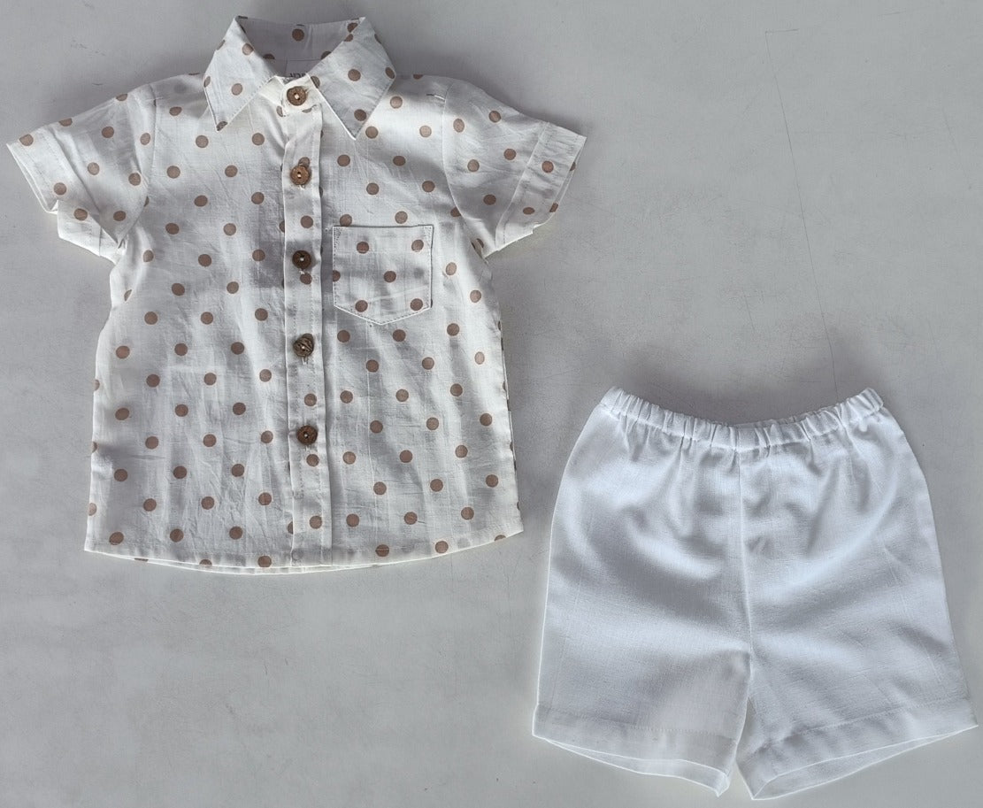 Brown Polka Dot Print Boys Shirt & White Shorts set