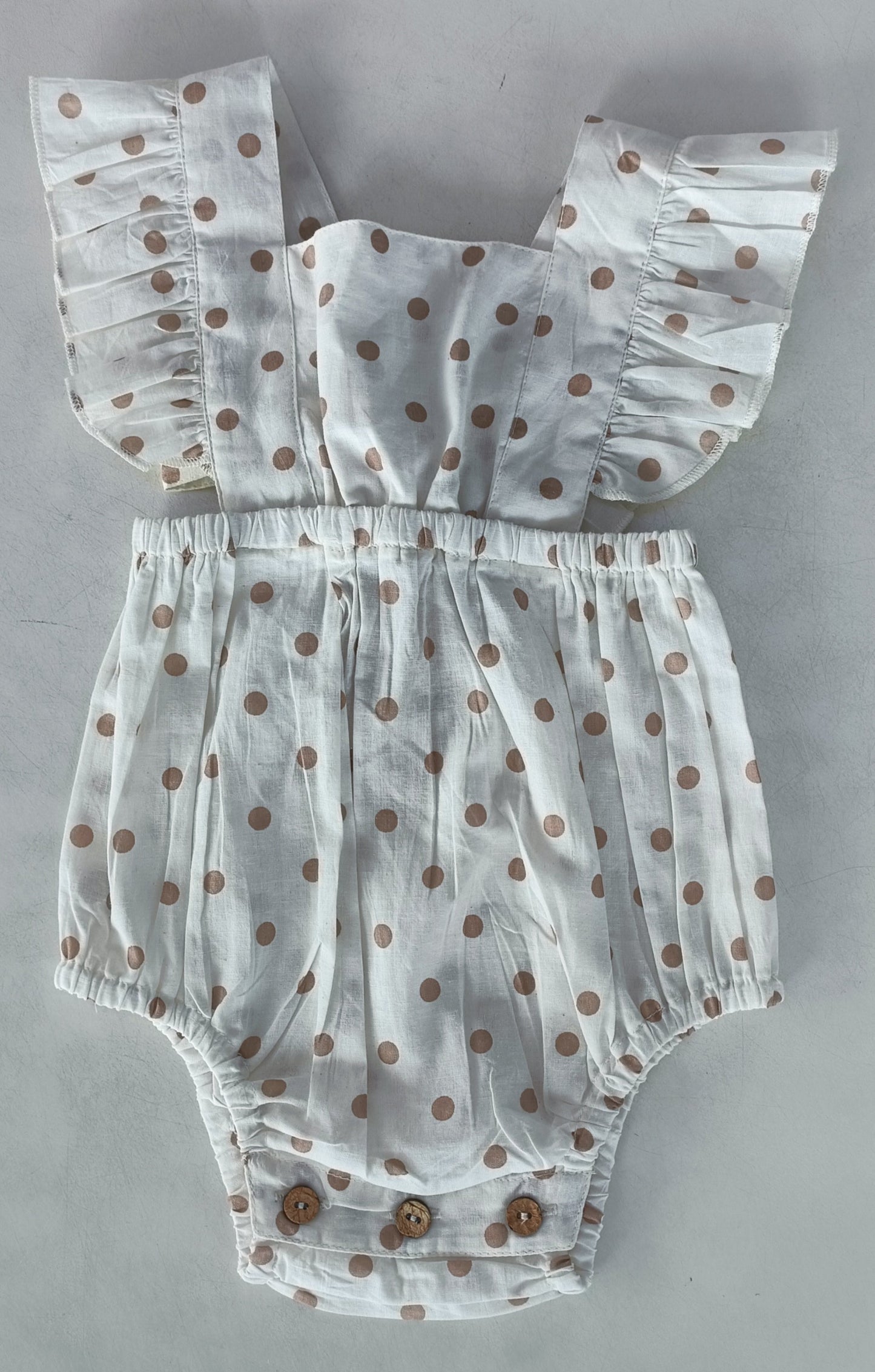 Brown Polka Dot Print Ruffled Racerback Romper — Cotton Baby Girl Romper | 0-24 Months