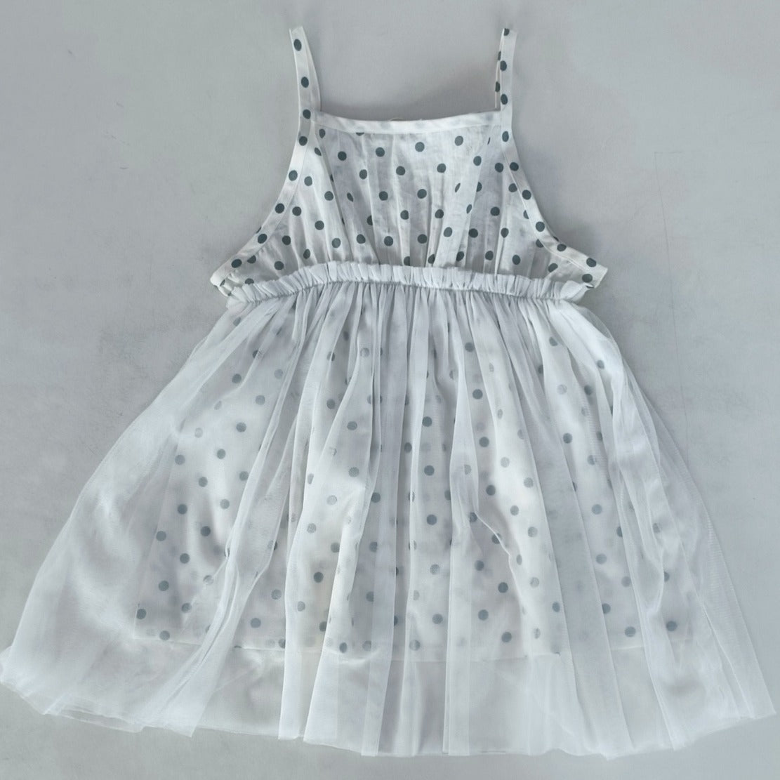Blue Polka Dot Print Net Ruffle Gathered Dress
