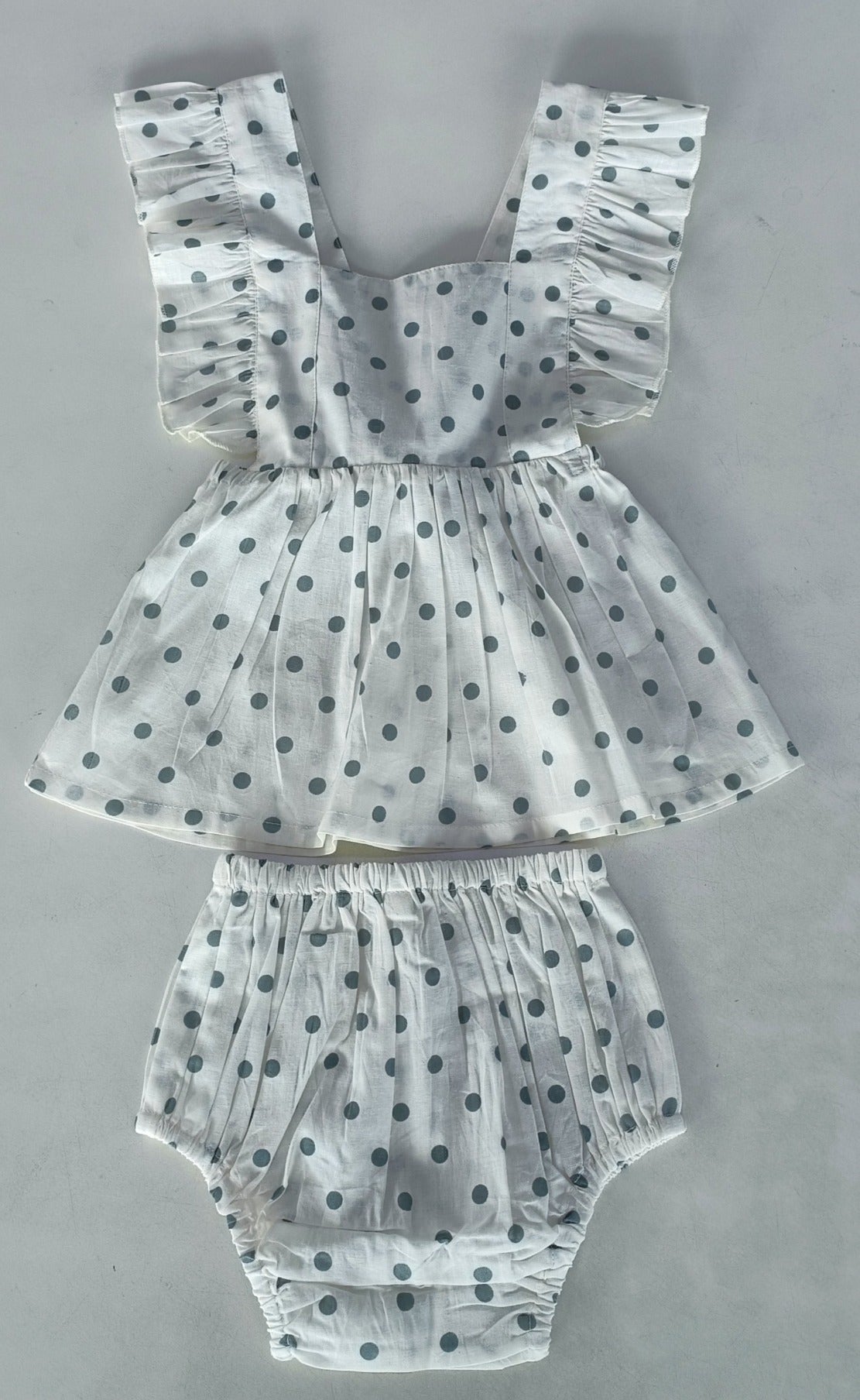 Blue Polka Dot Print Ruffled Racerback Gathered Dress — Cotton Girls Dress | 0-13 Years