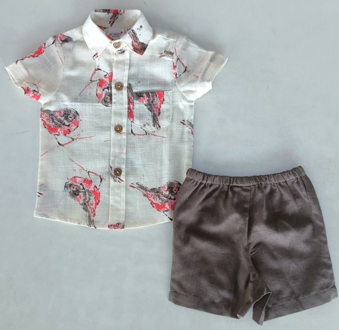 Multi Color Bird Print Boys Shirt and Brown Shorts Set — Cotton Kids Co-Ord | 0-13 Years