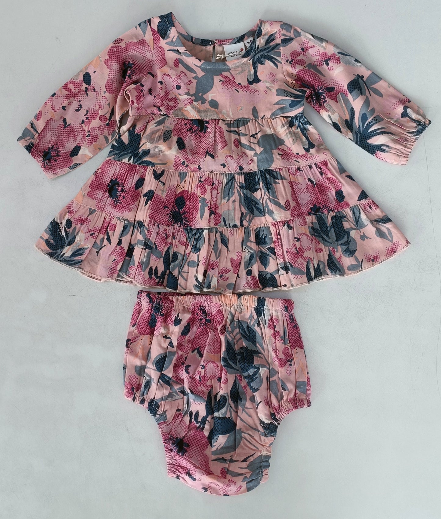 Floral Printed Long Sleeve Dress and Diaper Cover Set — Cotton Baby Girl Set | 0-24 Months