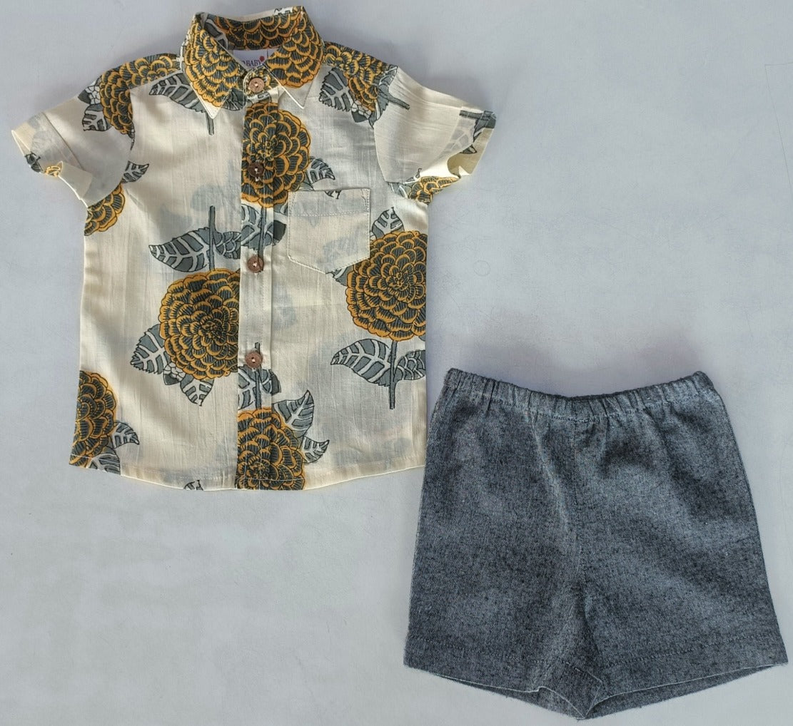 Mustard & Grey Floral Print Boys Shirt & Black Chambray Shorts set