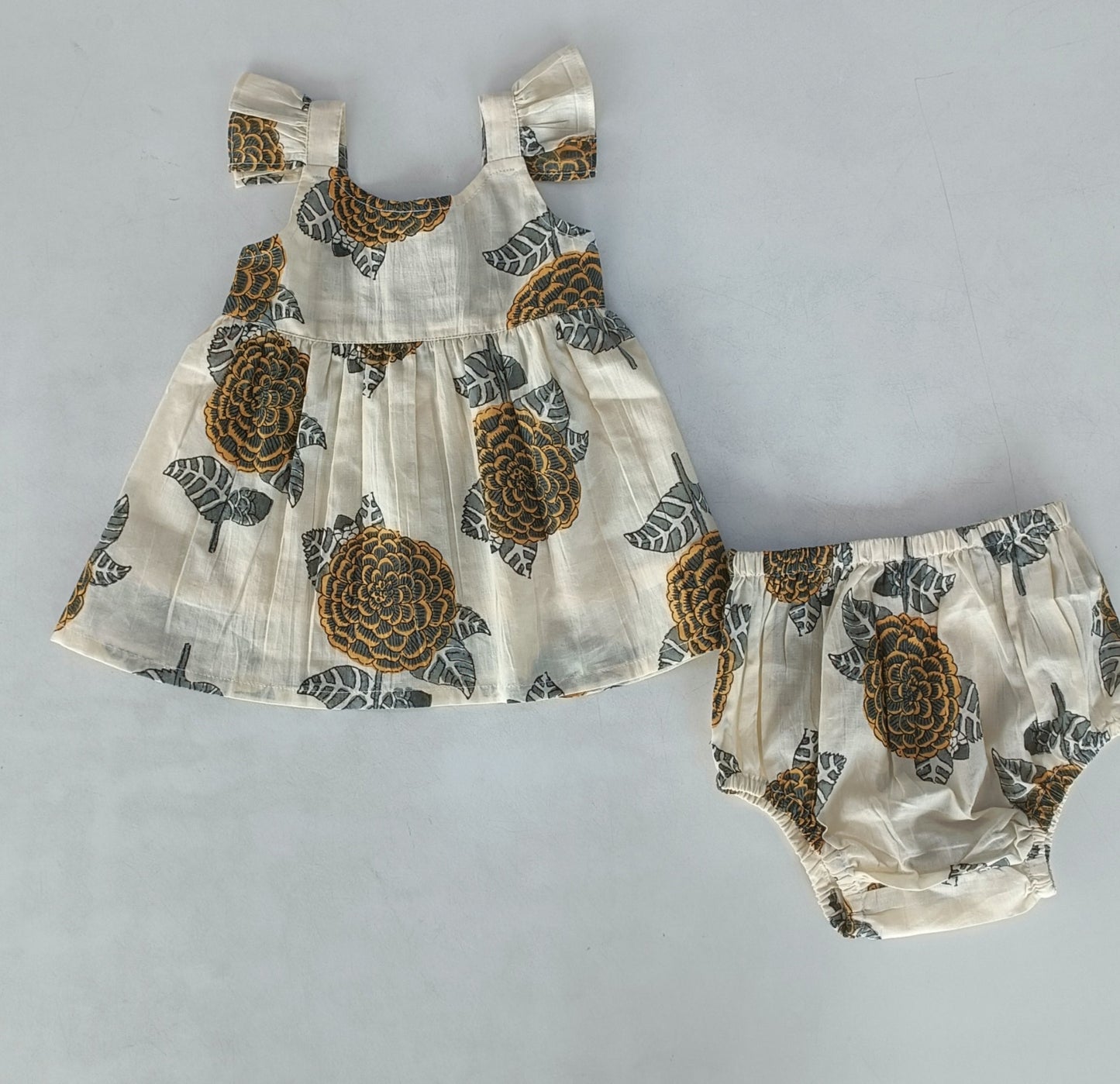 Mustard and Grey Floral Print Sleeve Ruffled Gathered Dress — Cotton Girls Dress | 0-13 Years