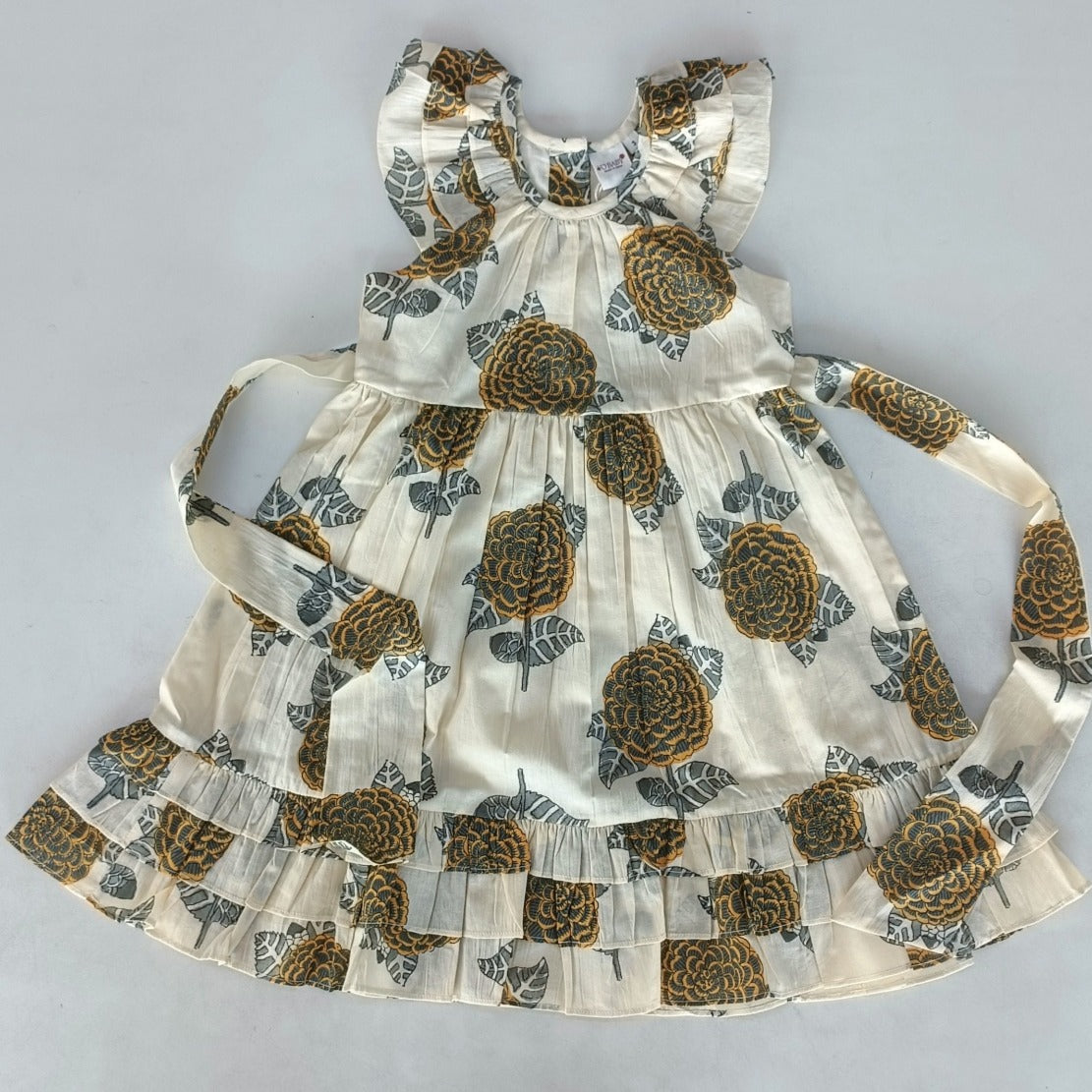 Mustard & Grey Floral Print Sleeve & Bottom Ruffled Gathered Dress