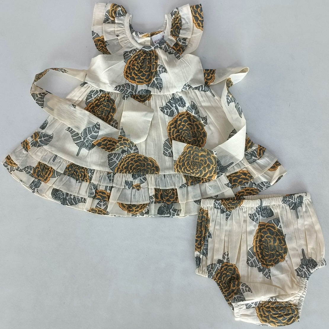 Mustard and Grey Floral Print Sleeve and Bottom Ruffled Gathered Dress — Cotton Girls Dress | 0-13 Years