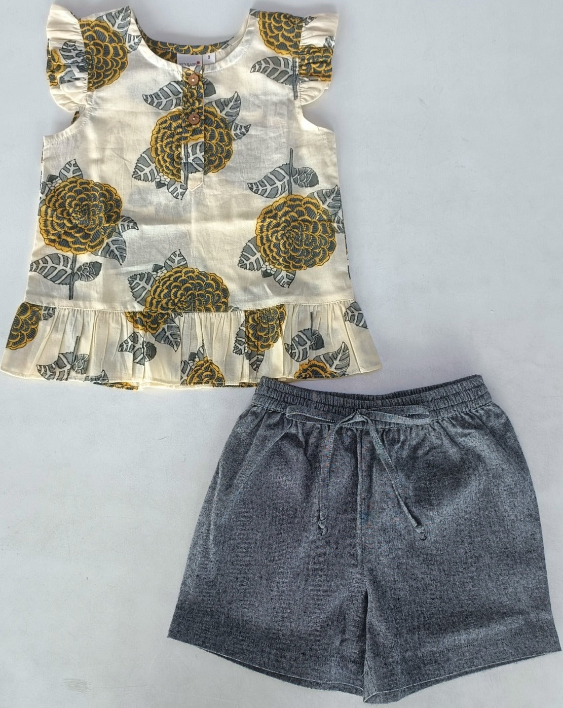 Mustard and Grey Floral Print Sleeve Ruffled Top and Black Shorts Set — Cotton Girls Co-Ord | 0-13 Years