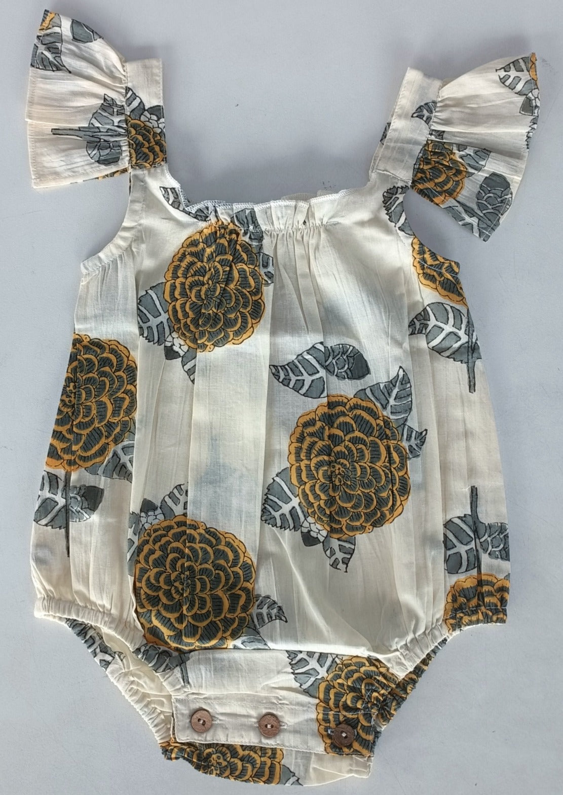 Mustard and Grey Floral Print Sleeve Ruffled Romper — Cotton Baby Girl Romper | 0-24 Months