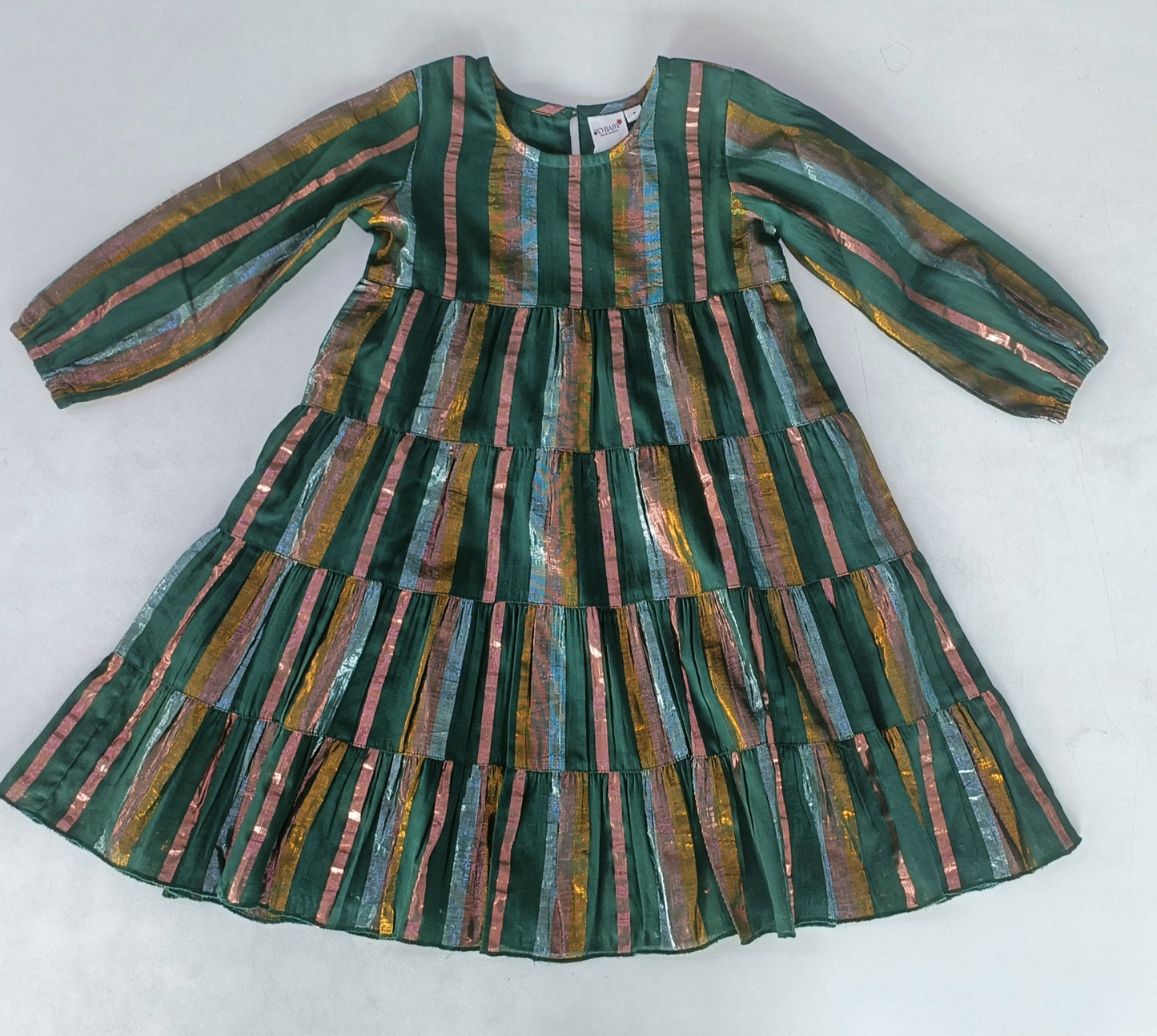 Bottle Green Solid Color Multi Lurex Tiered Long Sleeve Dress