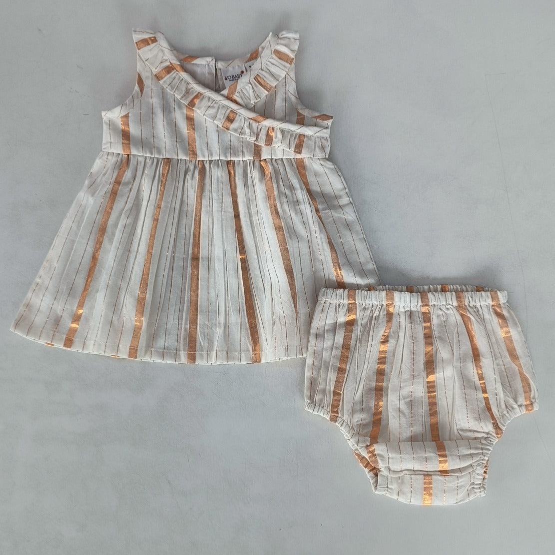 Off-White Gold Lurex Neck Ruffled Gathered Dress — Festive Girls Dress | 0-13 Years