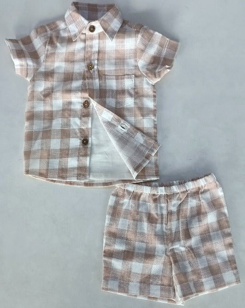 Blush Checkered Printed Boys Shirt ,Shorts & Off-White Inner shirt 3pc set