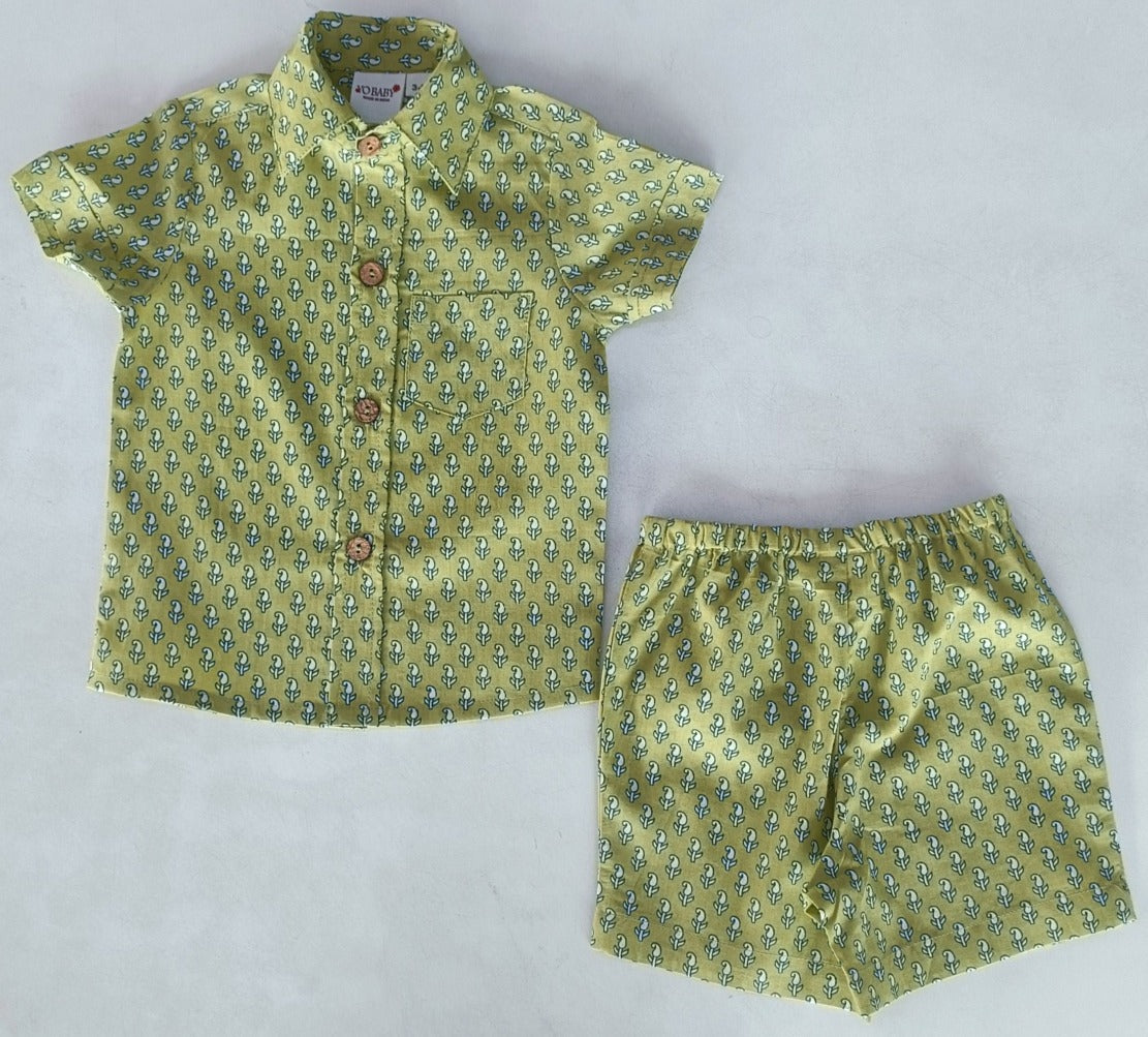 Sage-Green Printed Boys Shirt & Shorts set