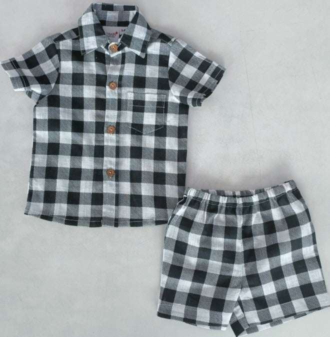 Black Checkered Printed Boys Shirt & Shorts Set