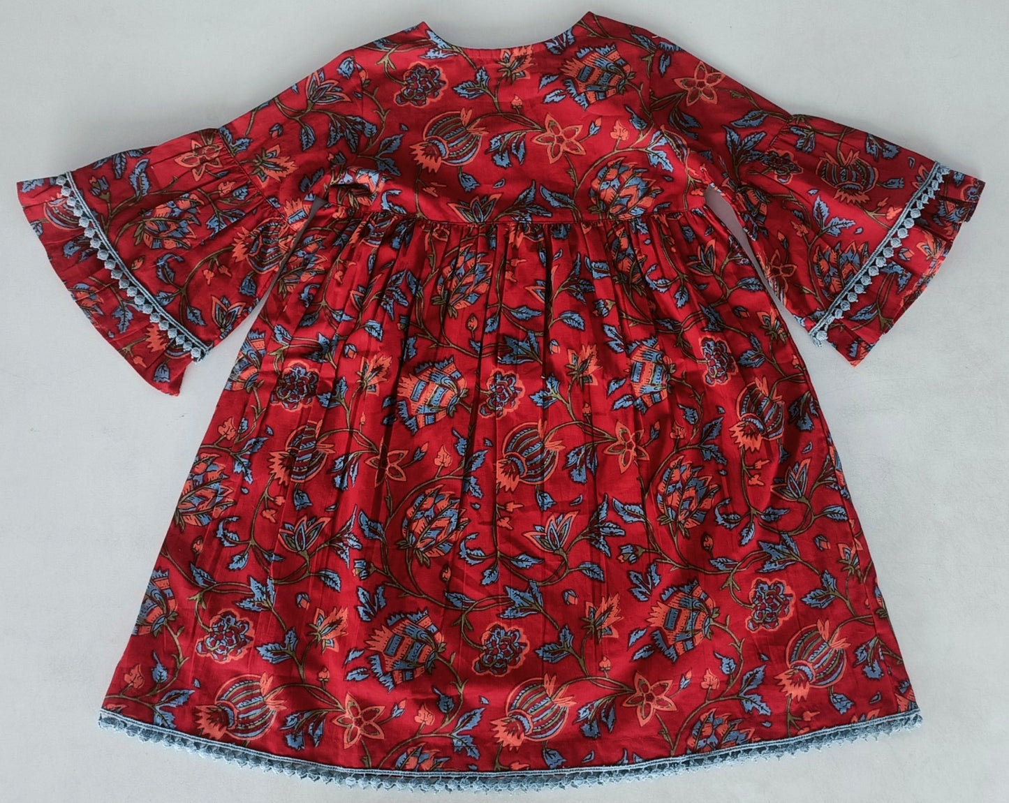 Floral Print Bell-Sleeves Gathered Dress