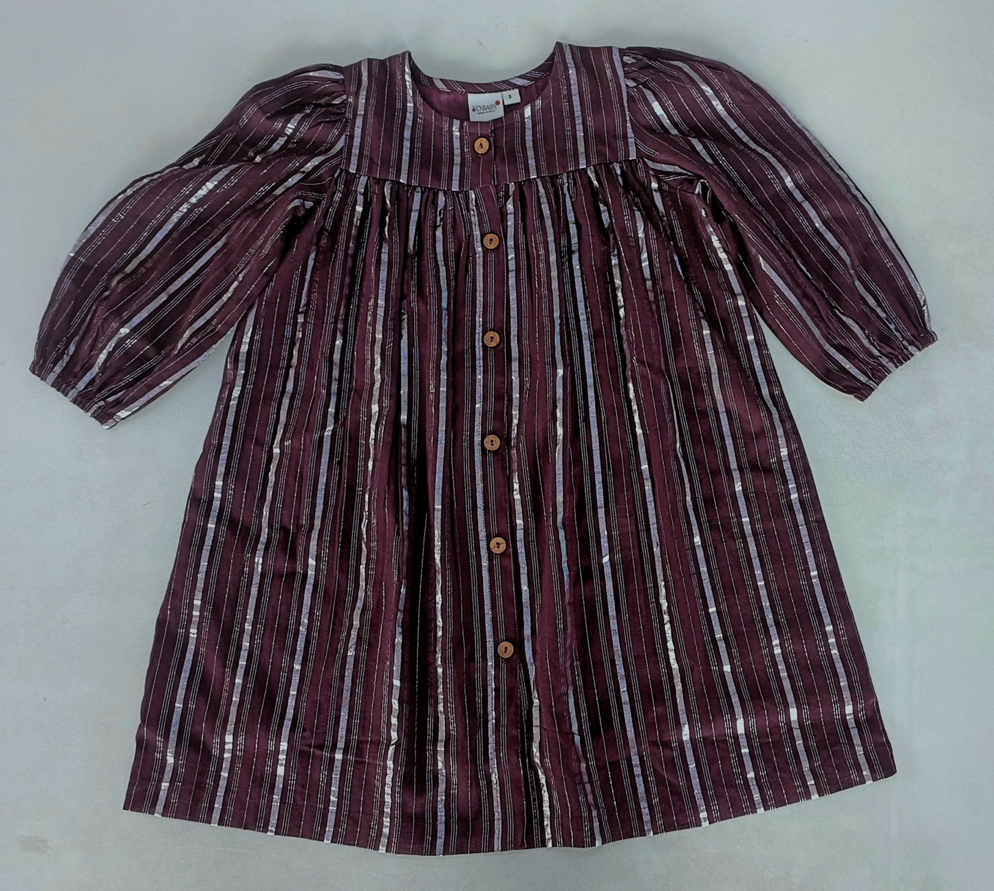 Burgundy Solid Color Silver Lurex Gathered Long Sleeve Dress
