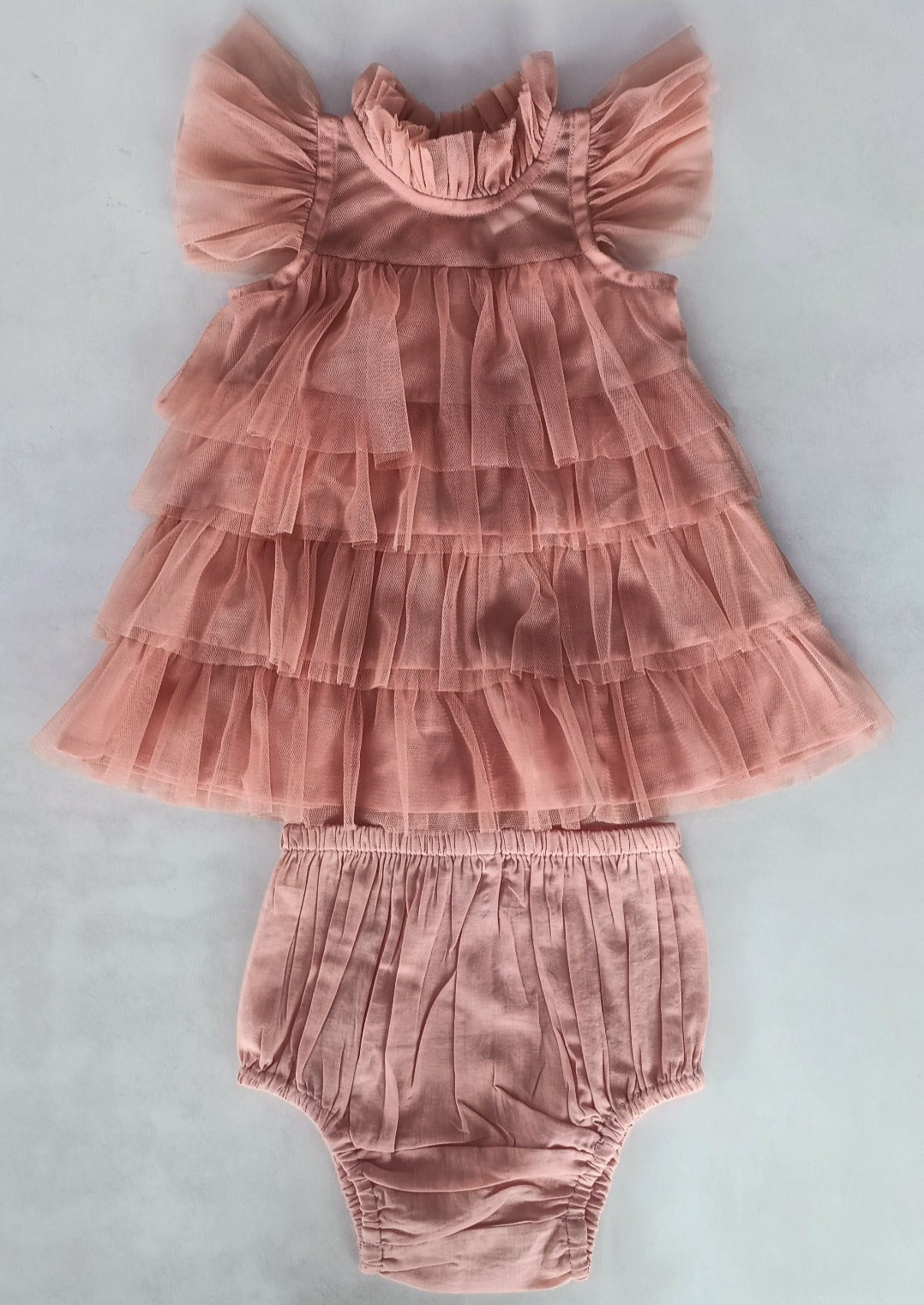 Dark Pink Tulle Neck & Sleeve Ruffled Tiered Dress