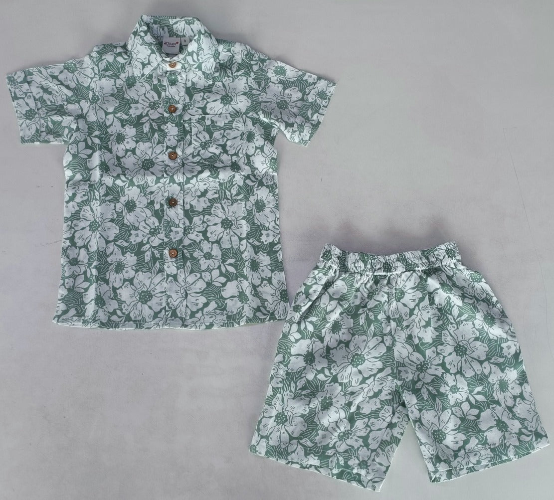 Sage-Green Floral Printed Boys Shirt & Shorts Set