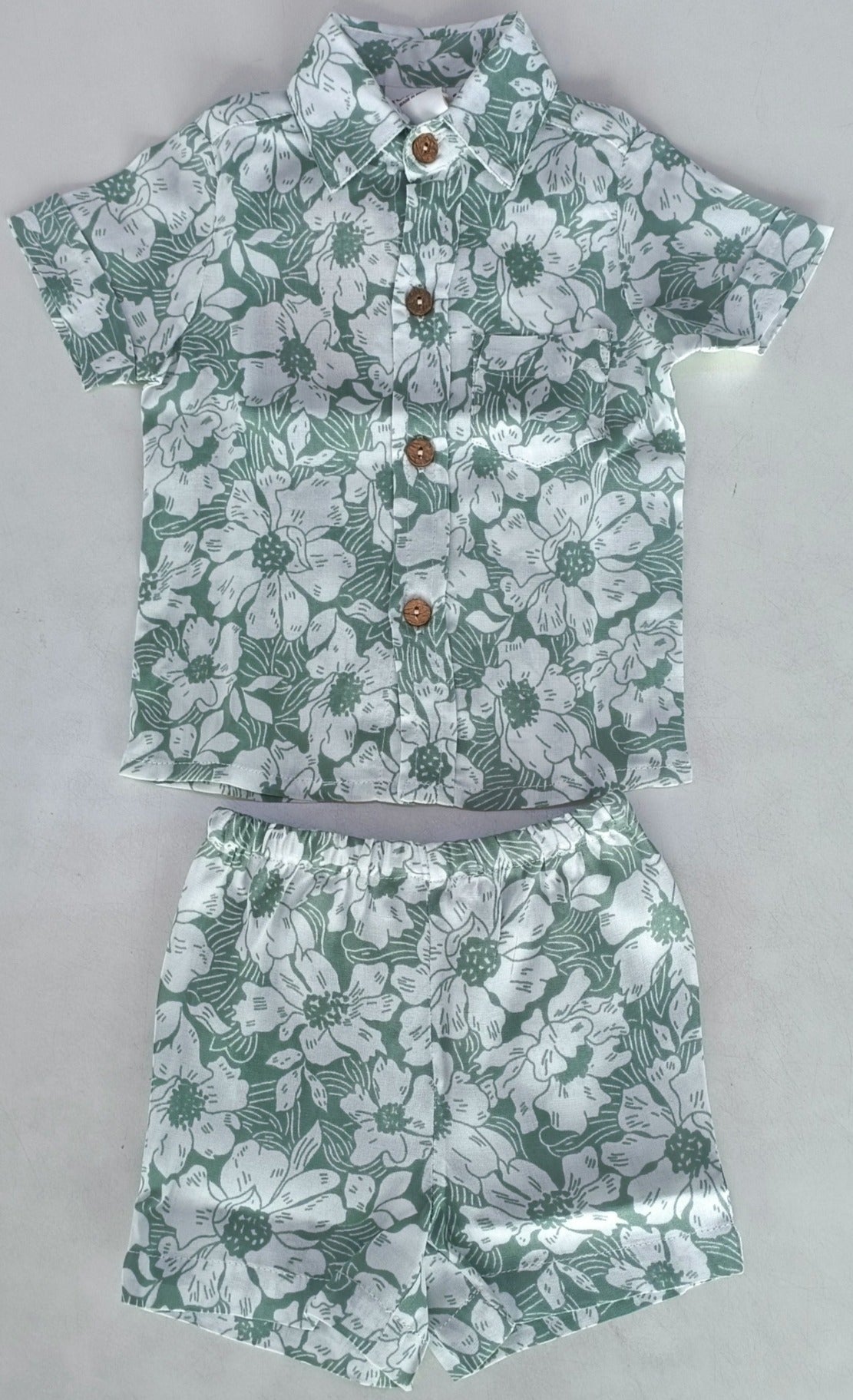 Sage-Green Floral Printed Boys Shirt & Shorts Set - Yo Baby Online