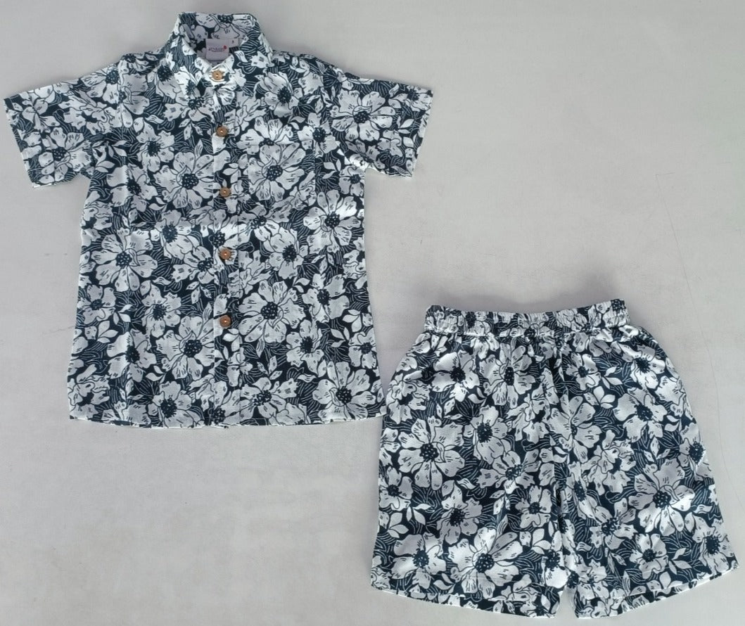 Black Floral Printed Boys Shirt & Shorts Set