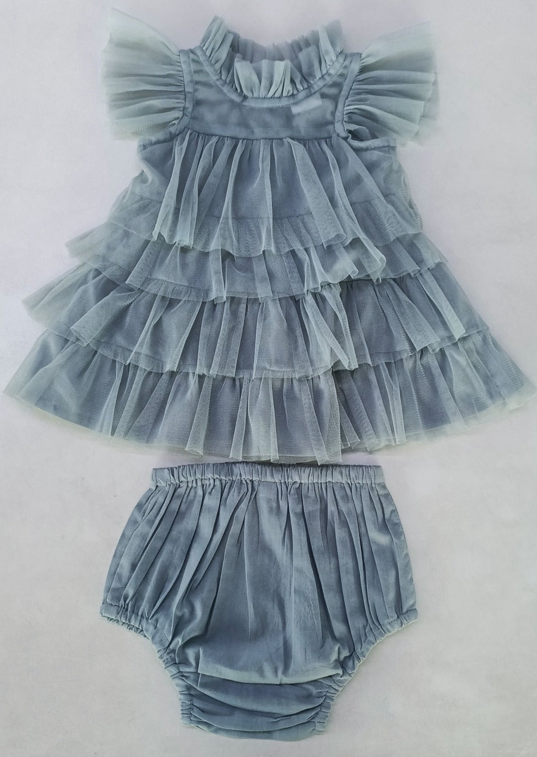 Grey Tulle Solid Color Neck & Sleeve Ruffled Tiered Dress