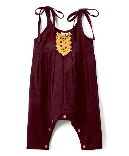 Burgundy Infant Jumpsuit with Yellow Lace Detail