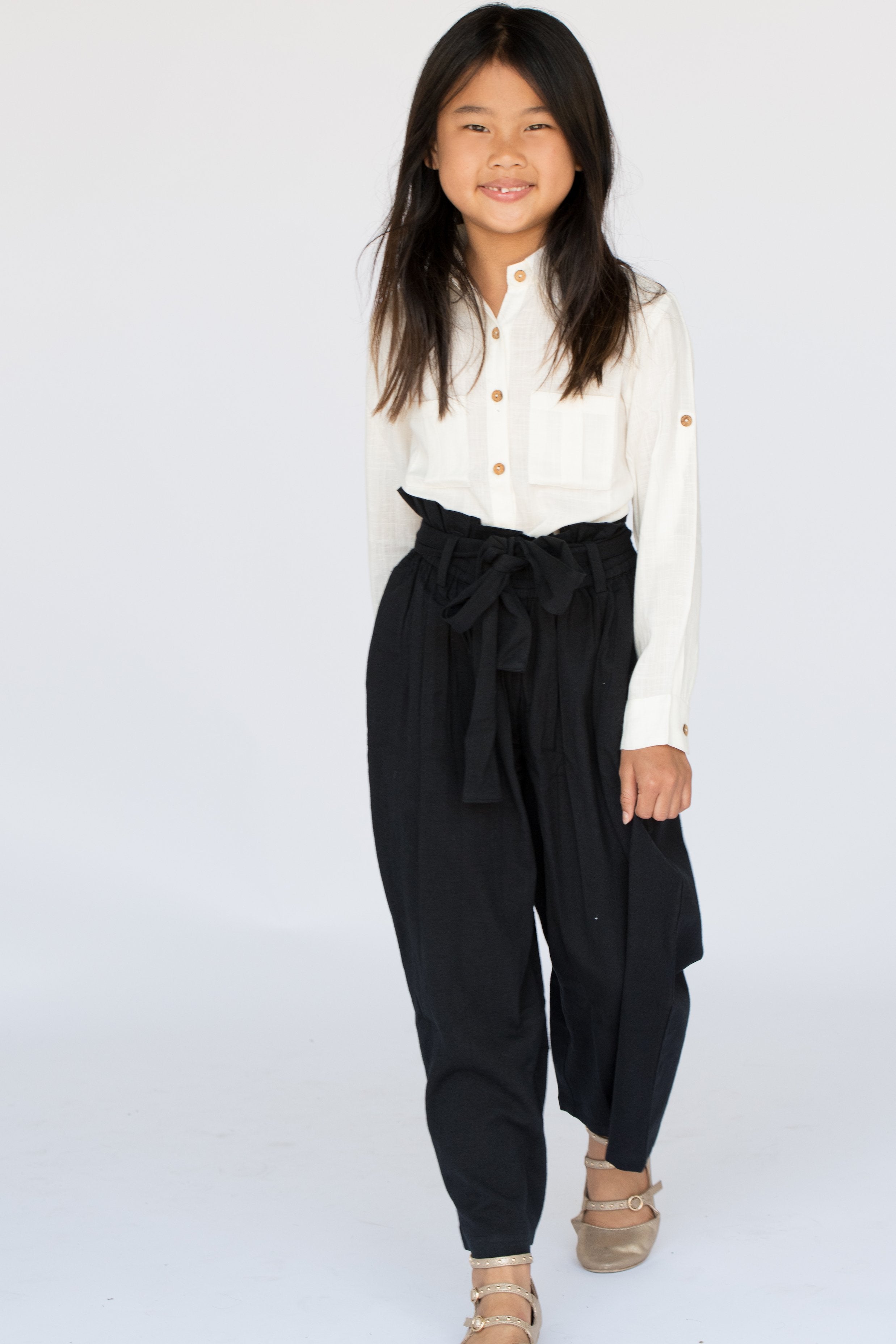 White Button Down Shirt with Black Paper Bag Pants 2 Piece Set Cotton Girls Co-Ord | 0-13 Years White Button Down Shirt with Black Paper Bag Pants 2 Piece Set Cotton Girls Co-Ord | 0-13 Years