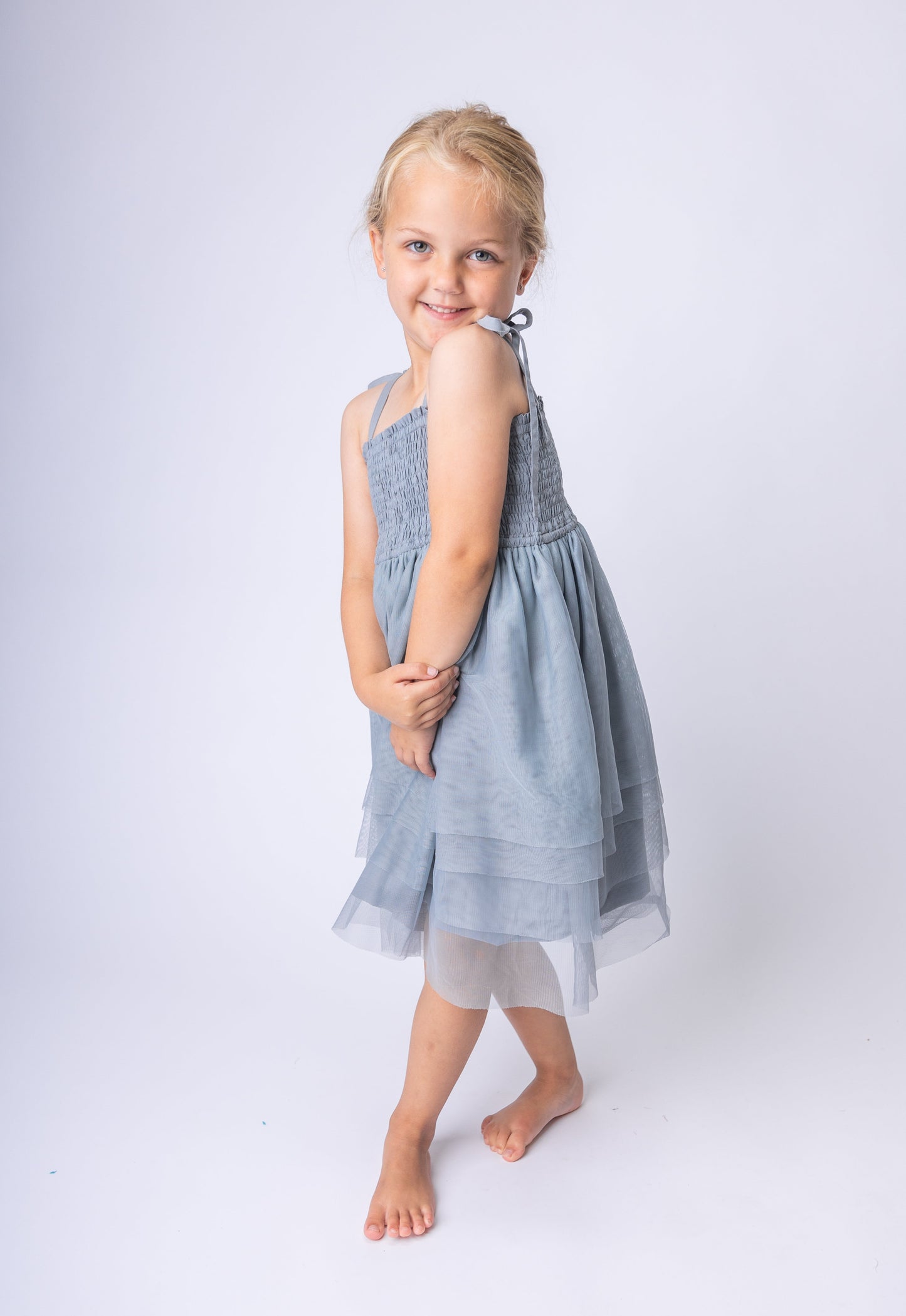 Grey Tulle Solid Color Ruffle Dress