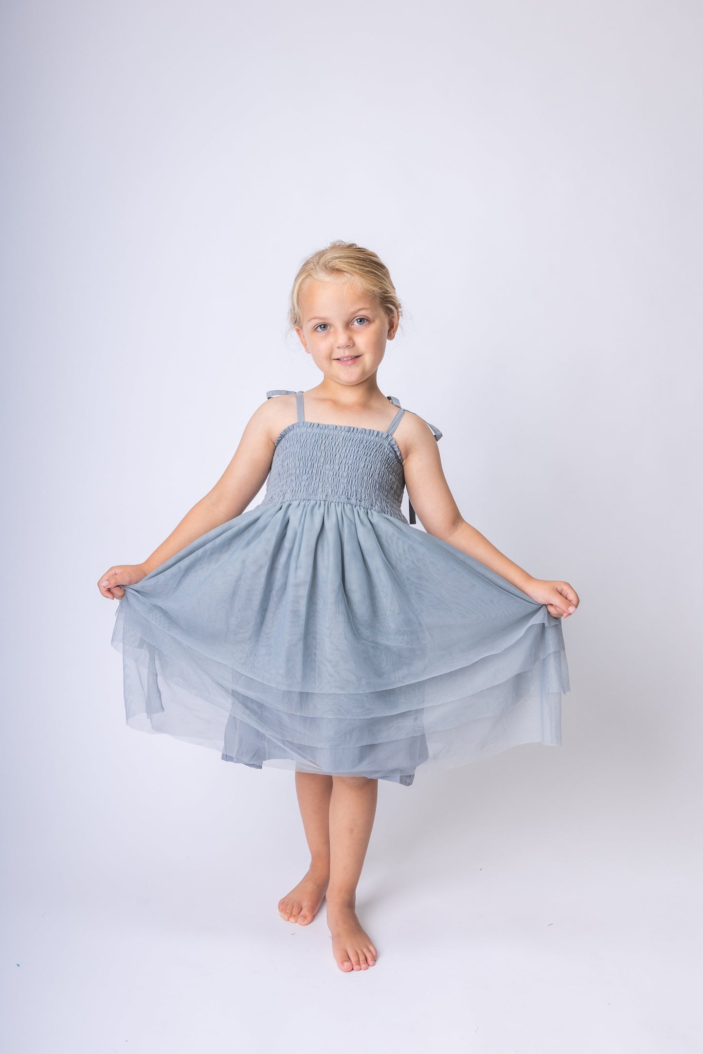 Grey Tulle Solid Color Ruffle Dress