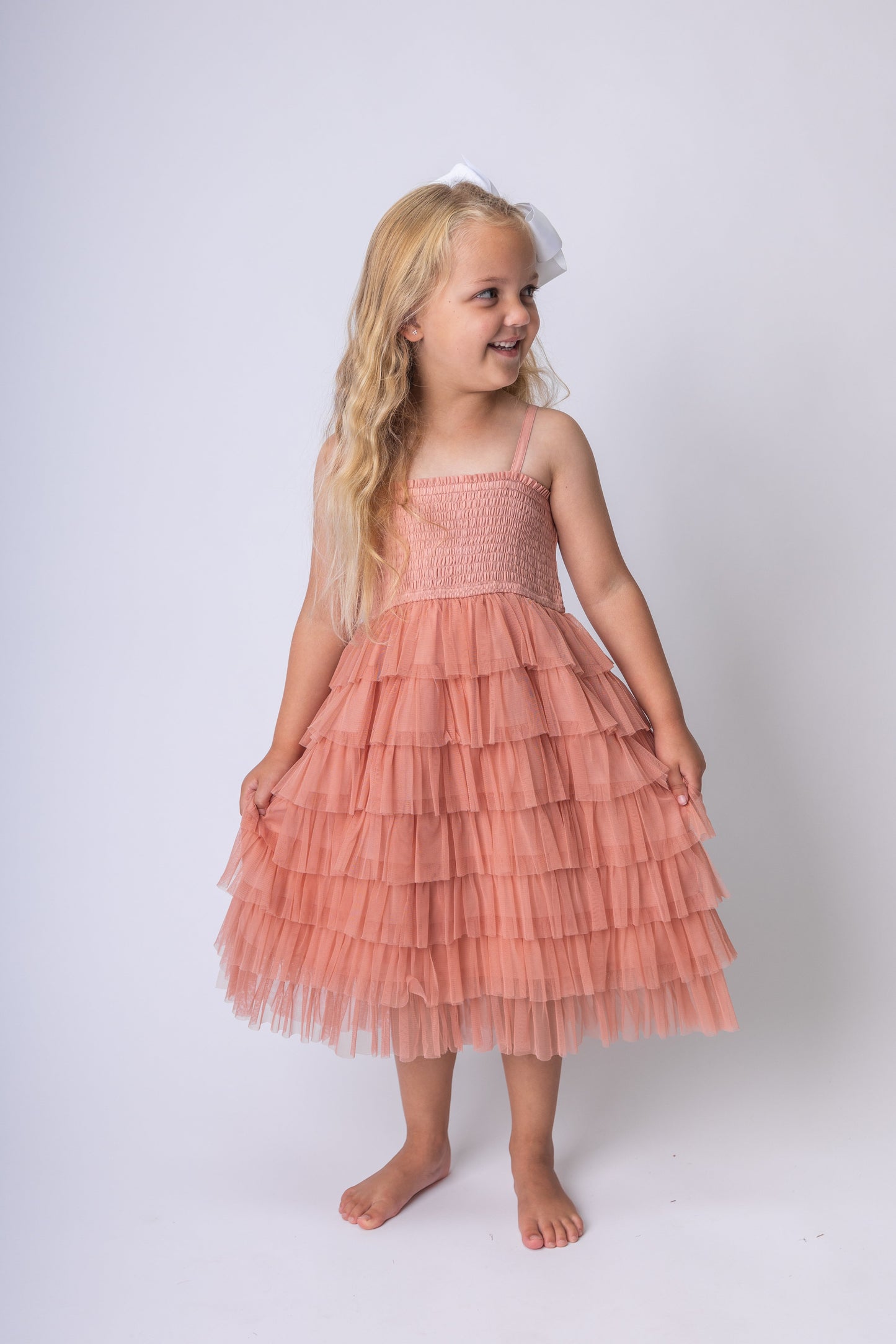 Dark Pink Tulle Solid Color Tiered Ruffle Dress