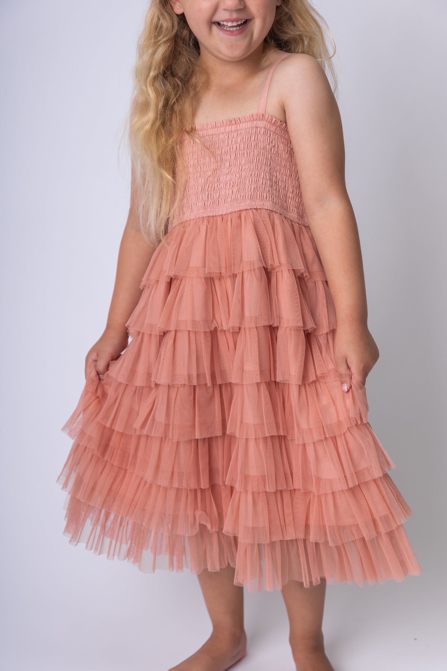 Dark Pink Tulle Solid Color Tiered Ruffle Dress