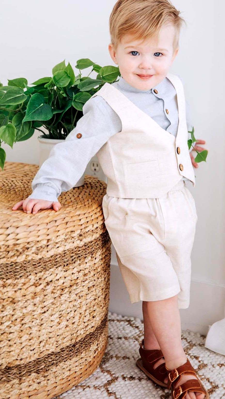 Boys Piece Set Light blue shirt with Ivory Vest and Shorts – Yo