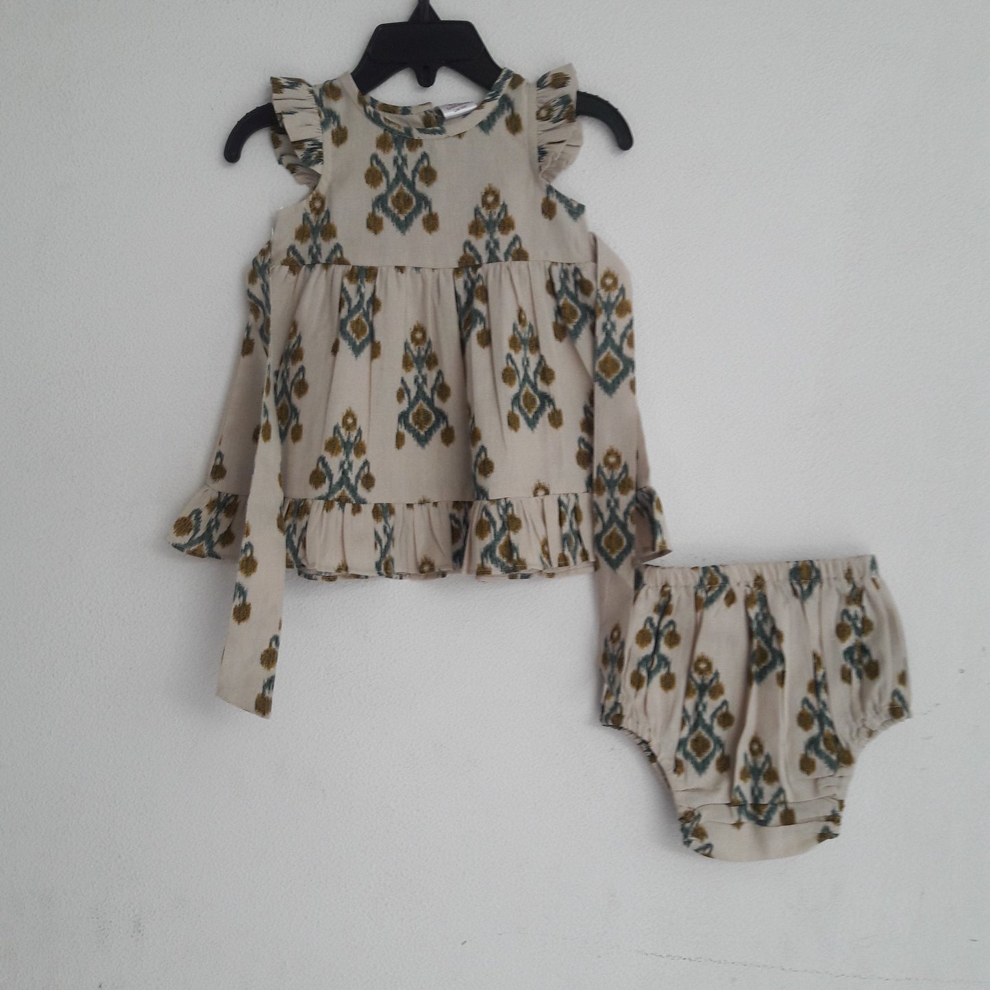 Green Mustard Angel Sleeves Print Dress With Matching Bloomer Dress Yo Baby Wholesale