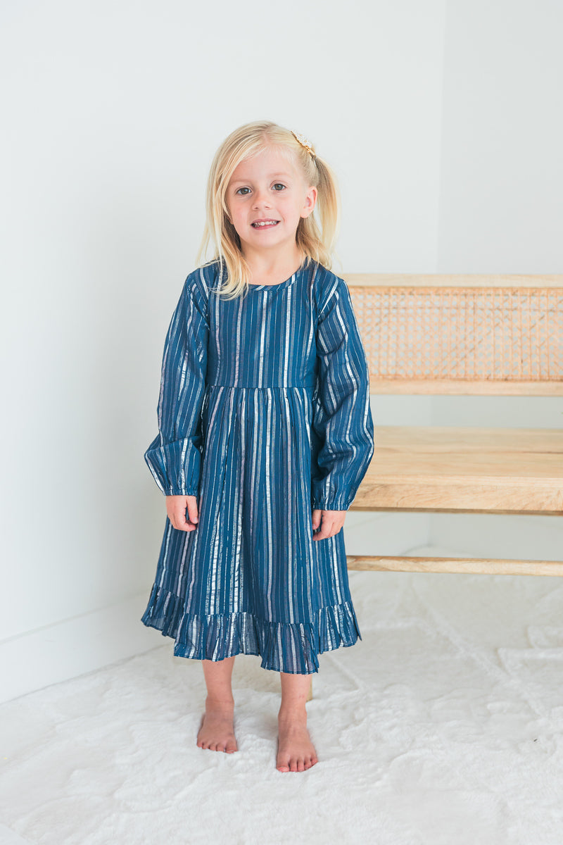 Navy Lurex Long Sleeve Ruffle Detail Dress