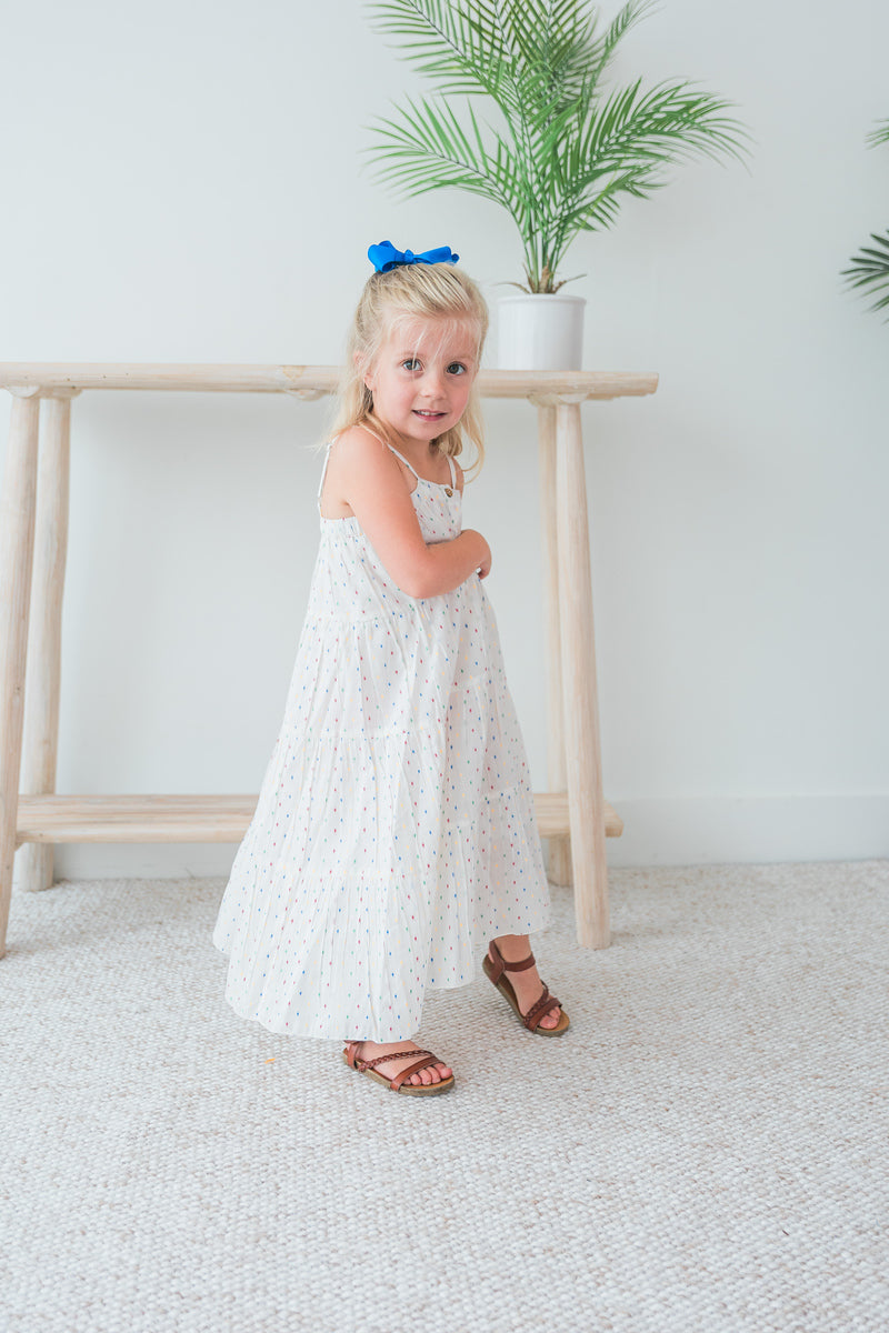 White Multicolor Dot Cotton Dobby Tiered Dress