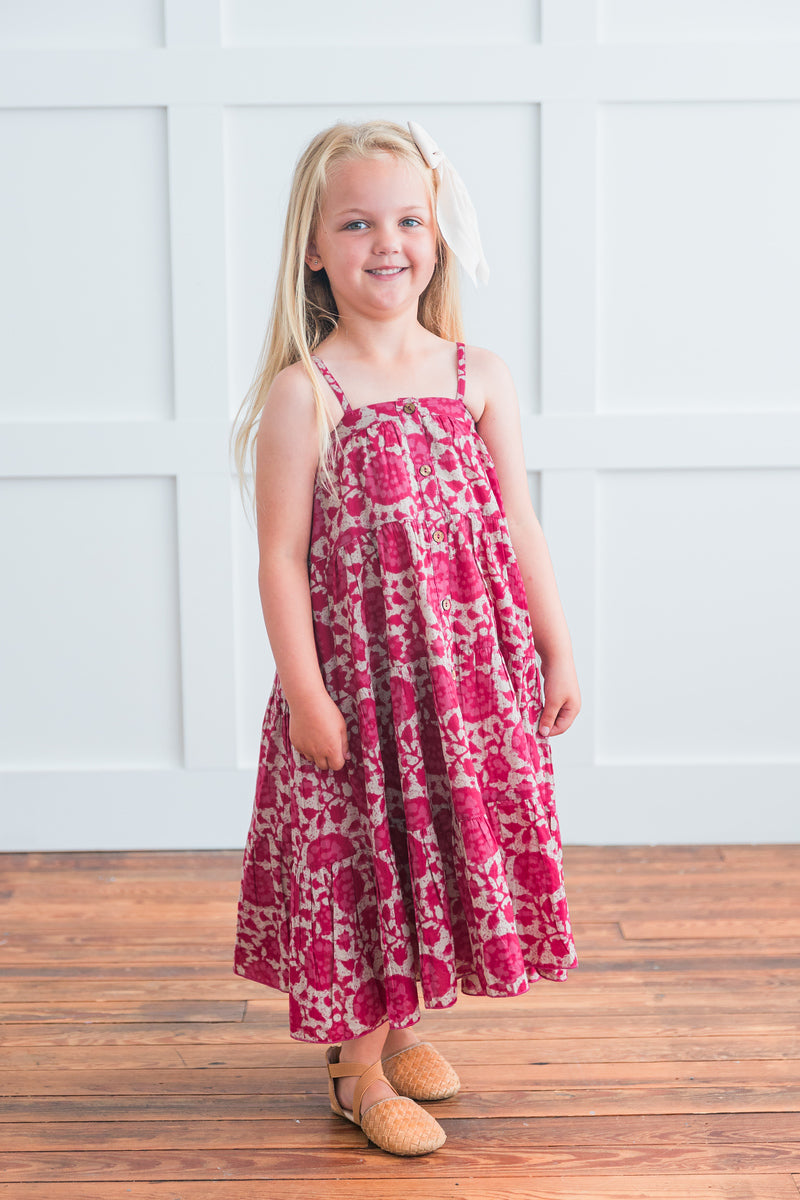 Hot Pink Floral Printed Tiered Dress