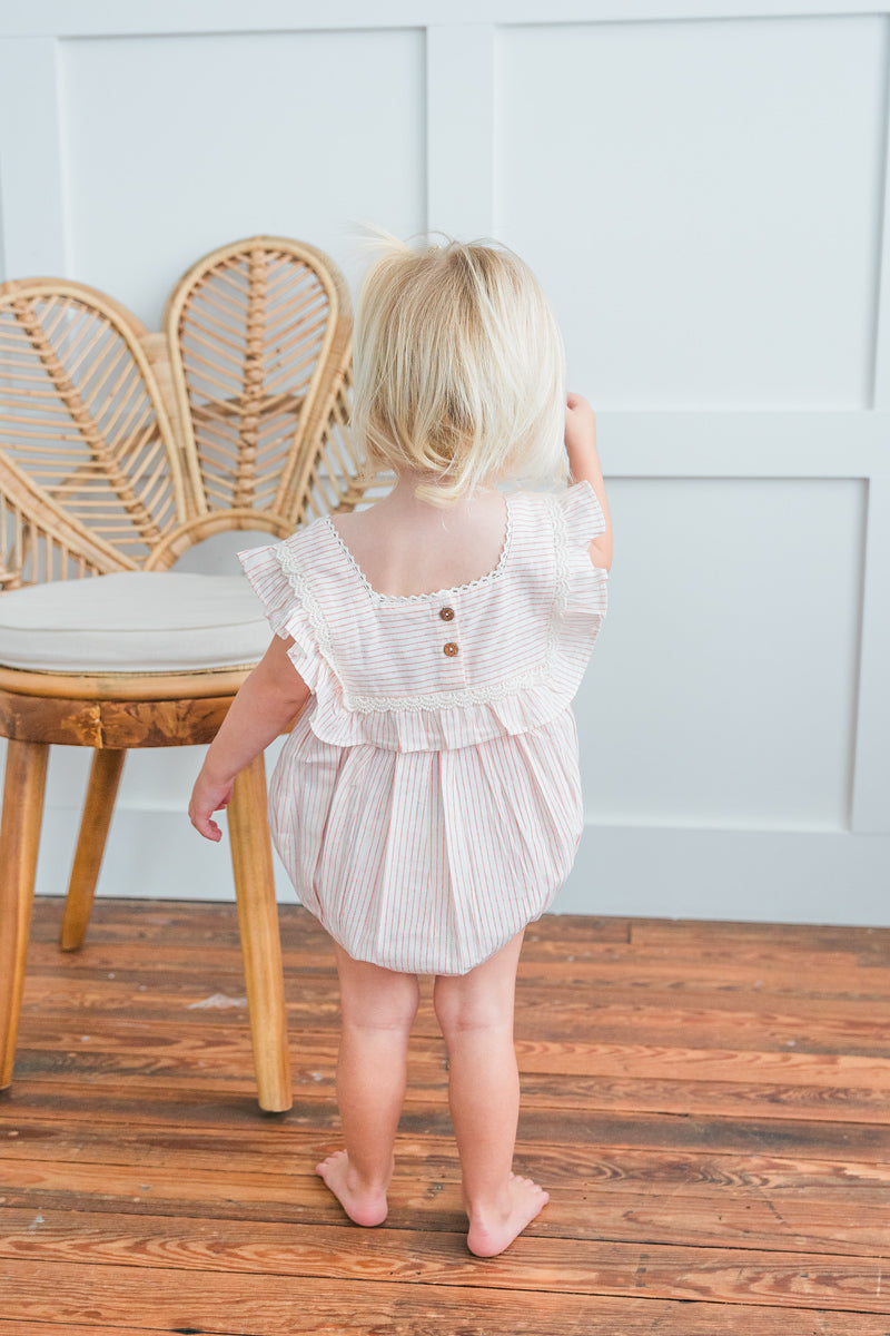 Peach Stripes Square Neck Ruffle Romper