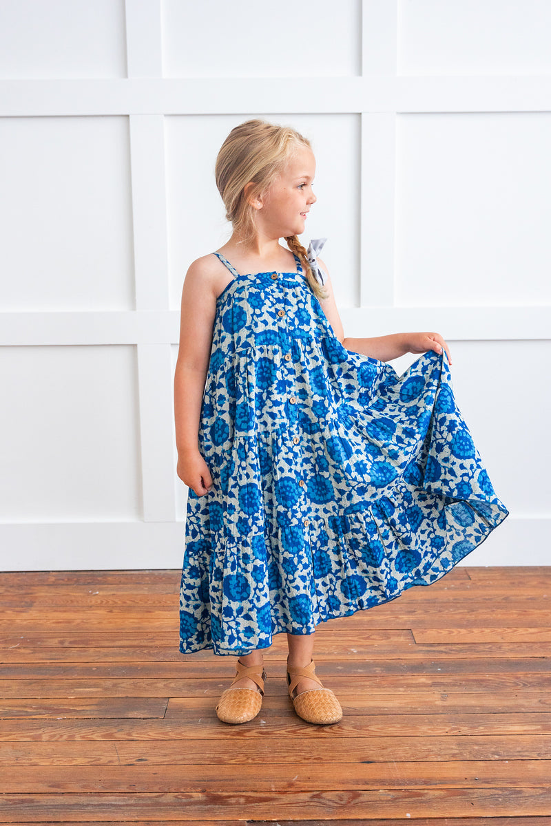 Indigo Floral Printed Tiered Dress
