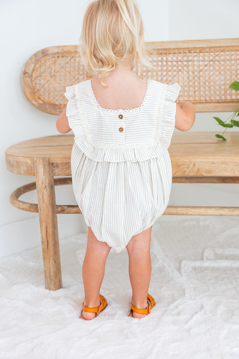 Grey Stripes Square Neck Lace Romper