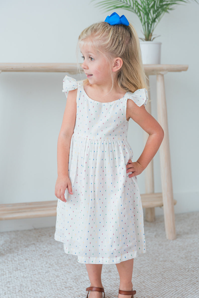 White Multicolor Dot Cotton Dobby Frill Dress and Bloomers