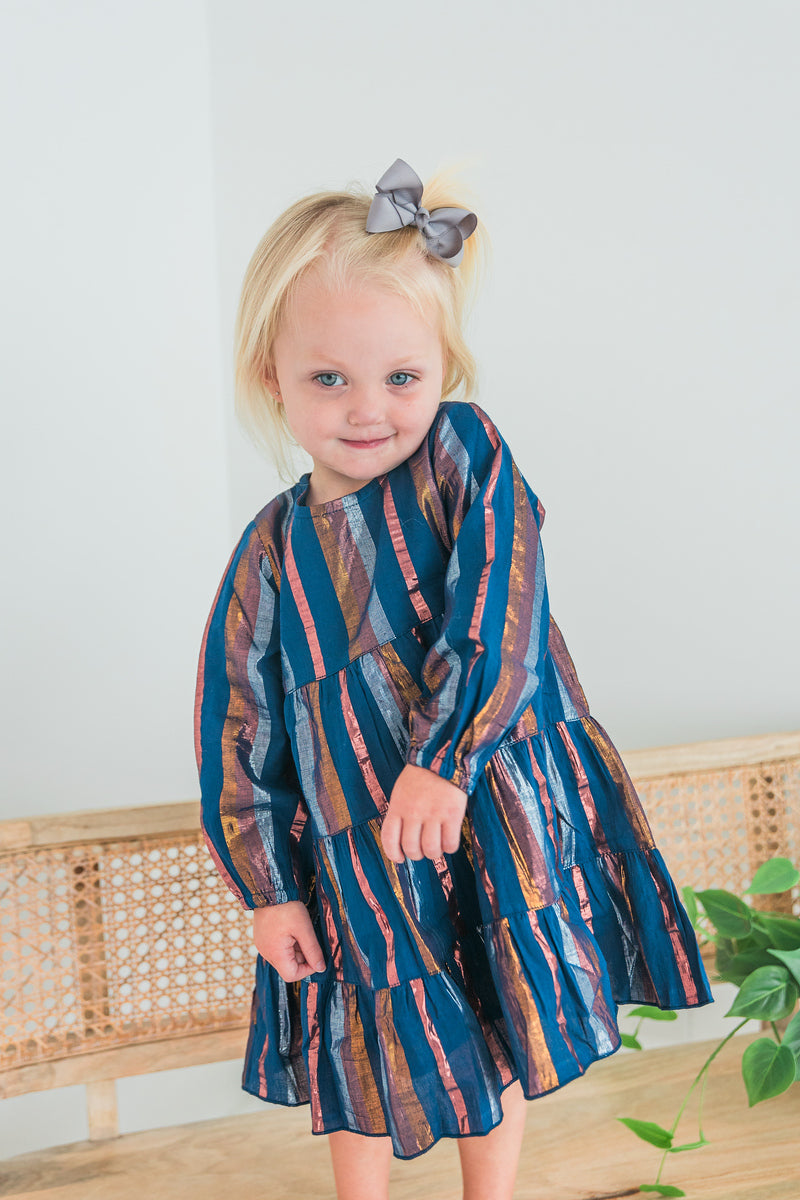 Navy Lurex Tiered Long Sleeve Dress & Diaper Cover Set