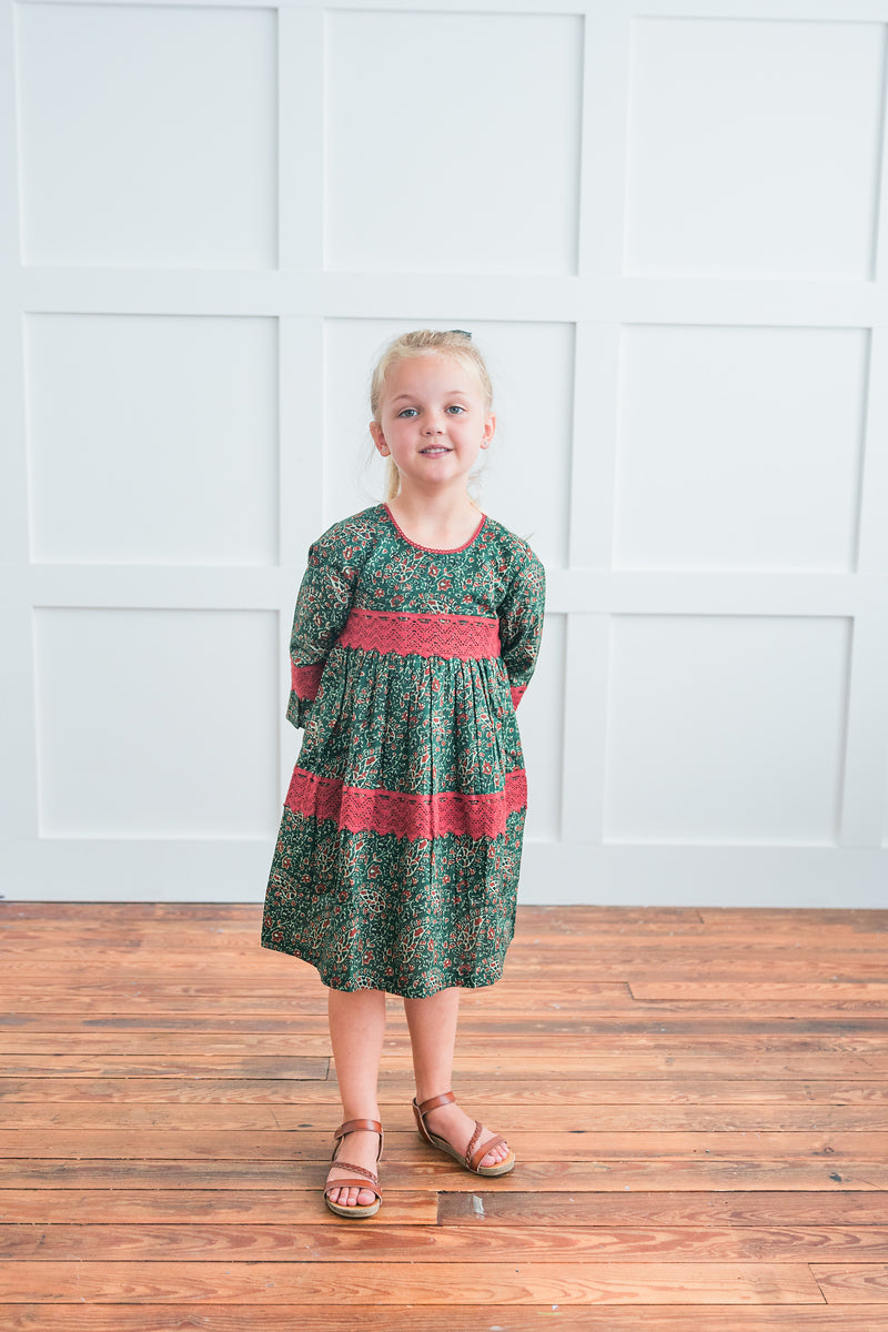 Green & Maroon Printed Long Sleeve Lace Detail Dress