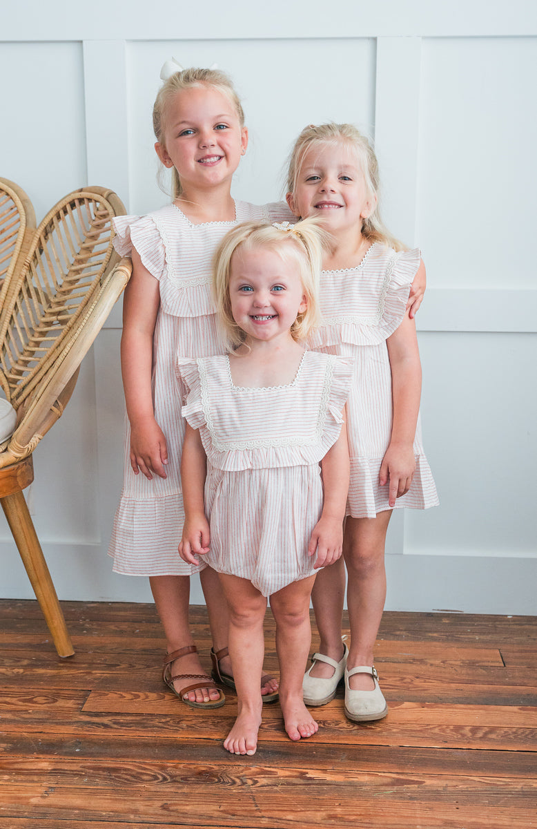 Peach Stripes Square Neck Ruffle Romper