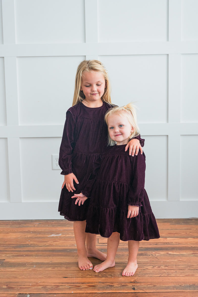 Burgundy Tiered Long Sleeve Dress with Collar — Cotton Girls Dress