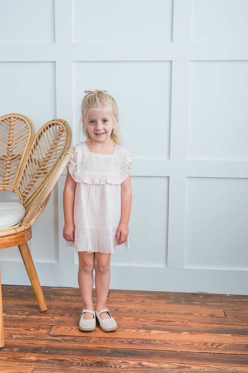 Peach Stripes Square Neck Ruffle Dress and Bloomers