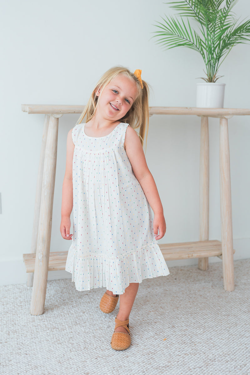 White Multicolor Dot Cotton Dobby Bottom Ruffle Dress
