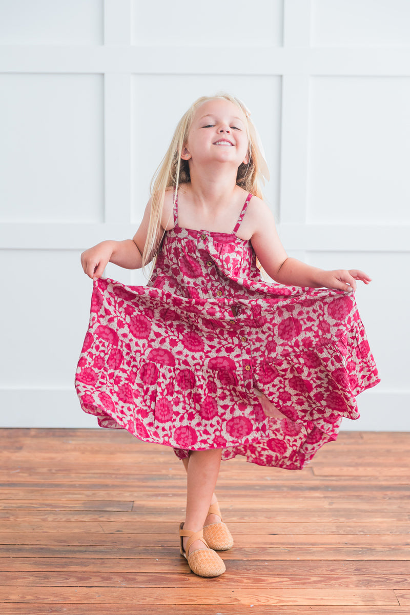 Hot Pink Floral Printed Tiered Dress