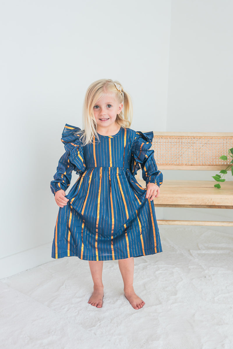 Navy Lurex Ruffle Long Sleeve Dress & Diaper Cover Set
