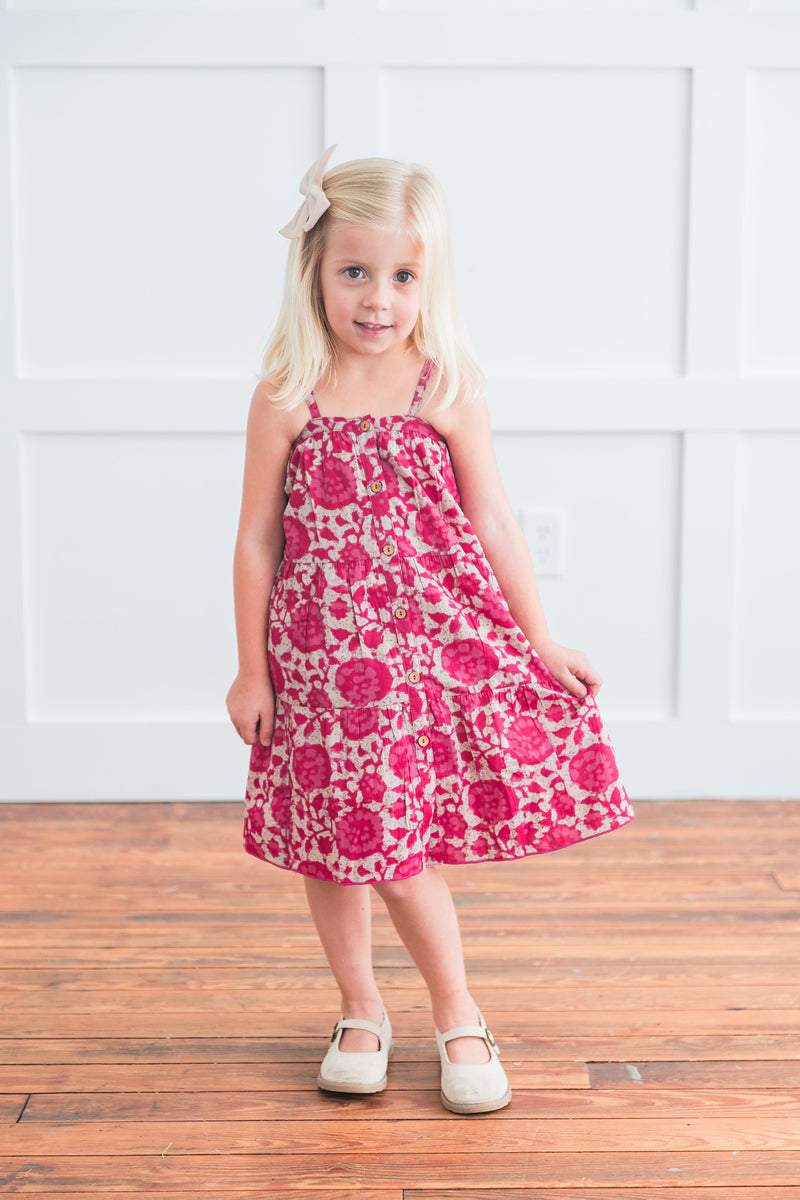 Hot Pink Floral Printed Tiered Dress and Bloomers Cotton Baby Girl Set | 0-24 Months Hot Pink Floral Printed Tiered Dress and Bloomers Cotton Baby Girl Set | 0-24 Months
