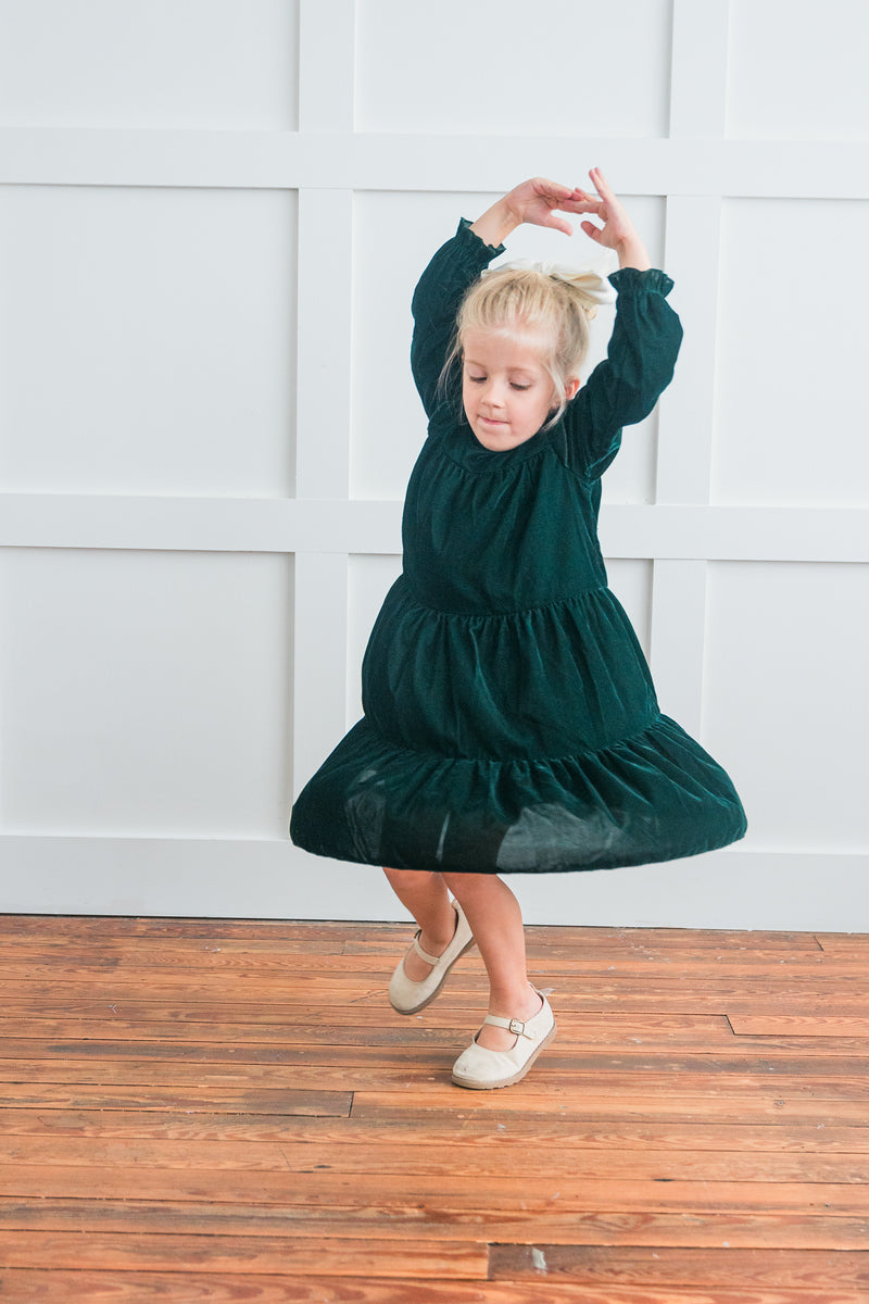 Emerald Green Solid Tiered Long Sleeve Dress