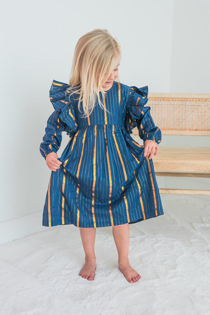 Navy Lurex Ruffle Long Sleeve Dress